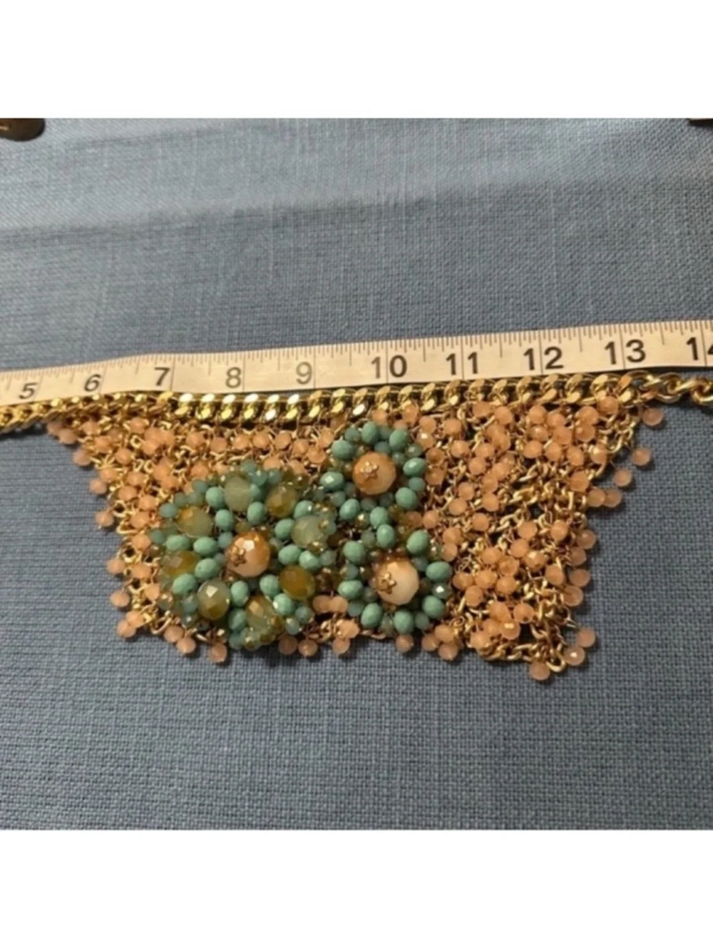 Gold Statement Necklace with Turquoise and Blush Pink Color Beads - Picture 11 of 12